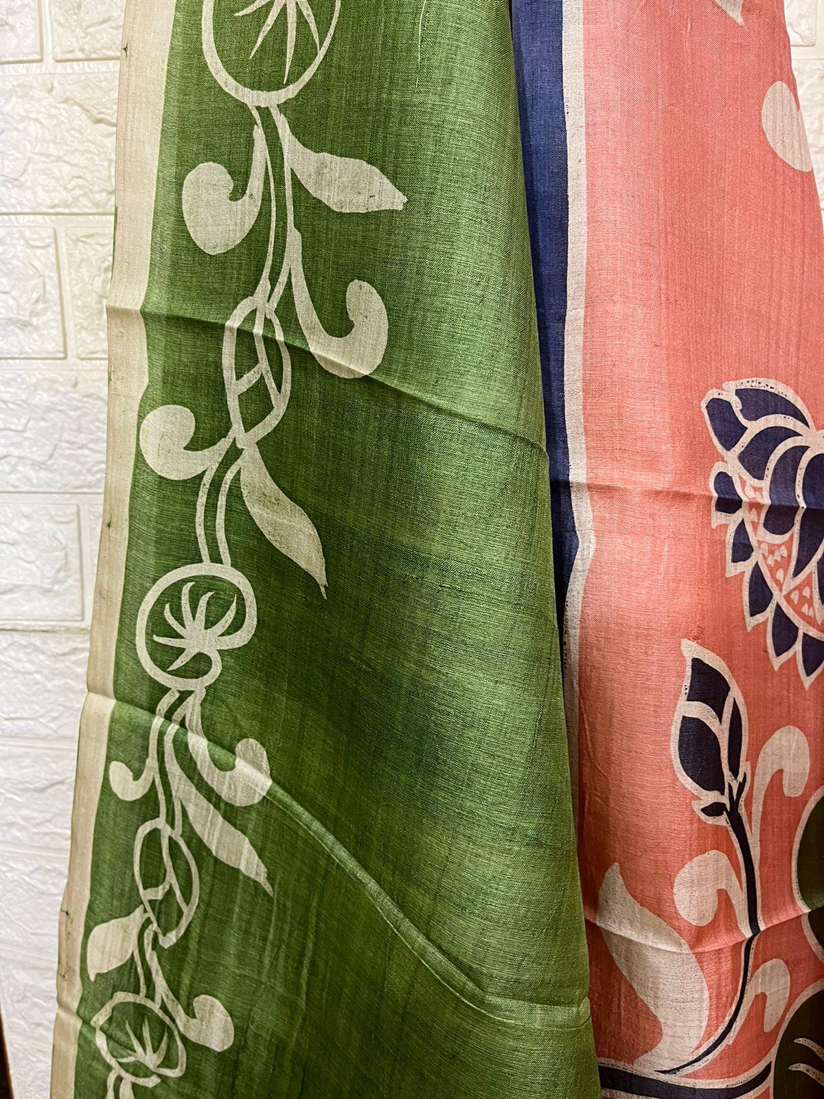 Peach with blue border lotus hand painted tussar silk saree - Tamal Boutique