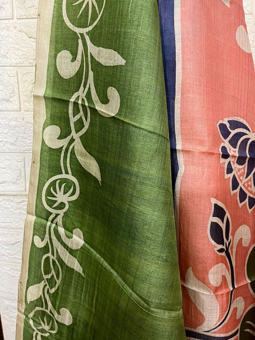 Peach with blue border lotus hand painted tussar silk saree - Tamal Boutique