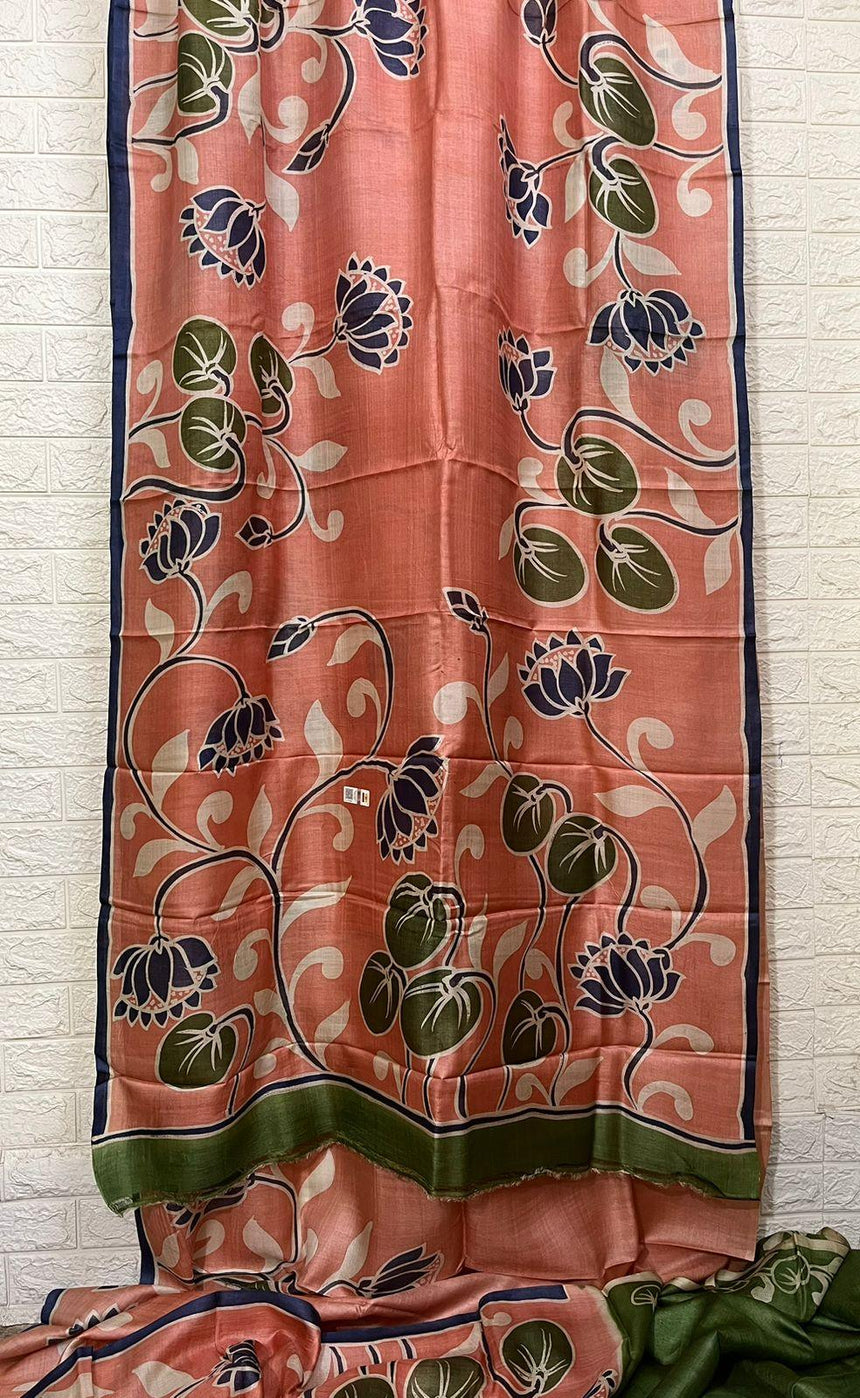 Peach with blue border lotus hand painted tussar silk saree - Tamal Boutique