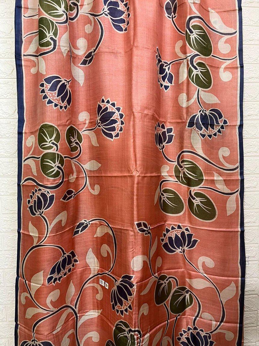 Peach with blue border lotus hand painted tussar silk saree - Tamal Boutique
