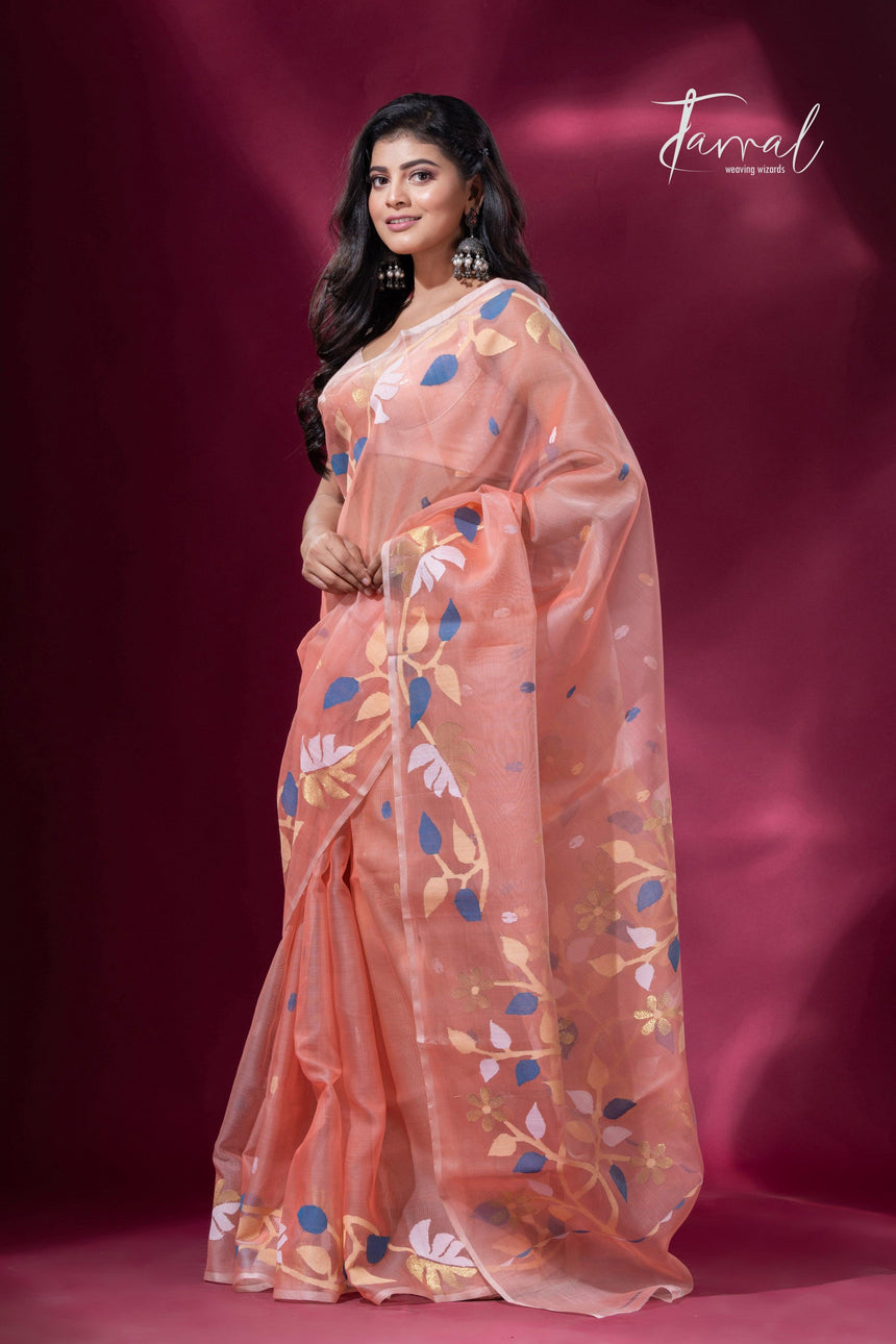 Peach with floral border muslin silk handwoven jamdani saree