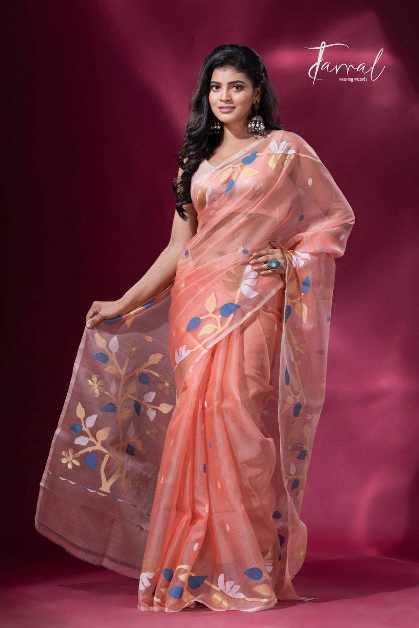 Peach with floral border muslin silk handwoven jamdani saree full2