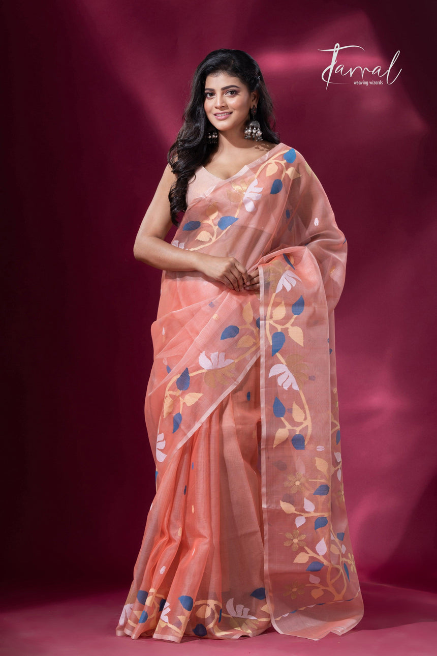 Peach with floral border muslin silk handwoven jamdani saree full4