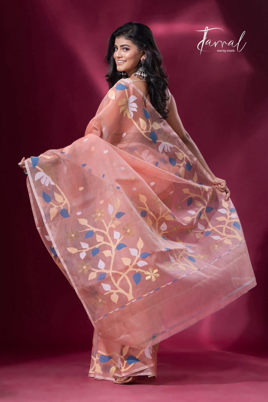 Peach with floral border muslin silk handwoven jamdani saree full5