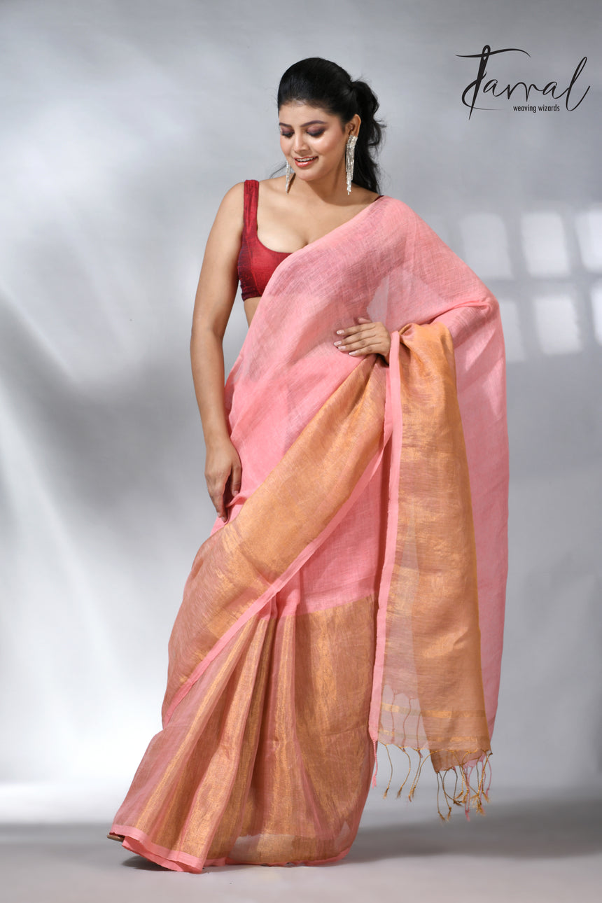 Peach with half golden zari border pure linen handloom saree