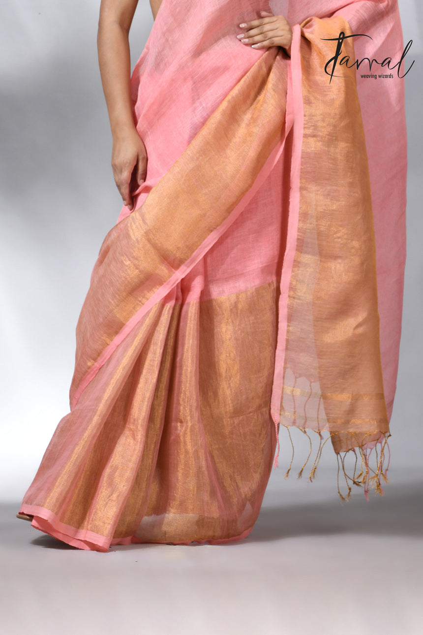 Peach with half golden zari border pure linen handloom saree