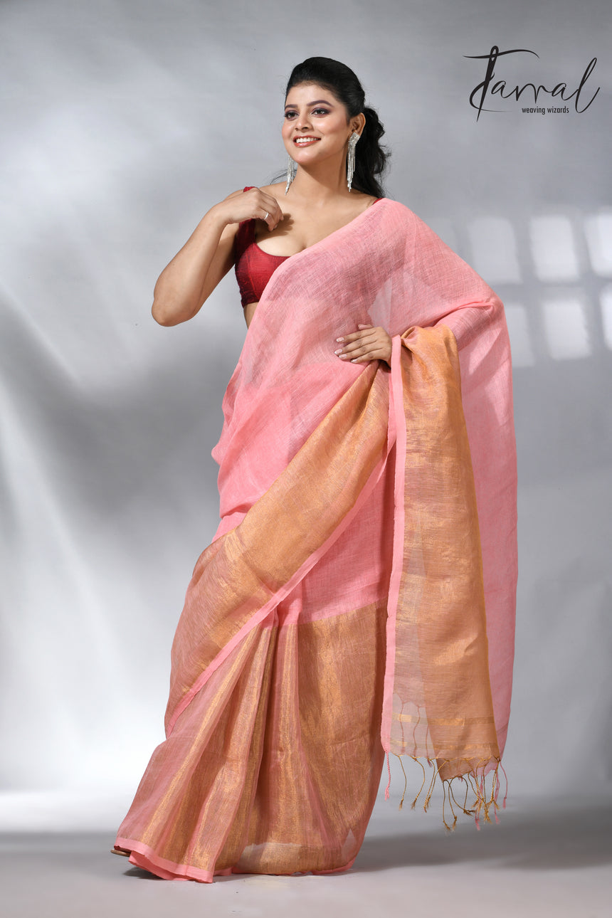Peach with half golden zari border pure linen handloom saree