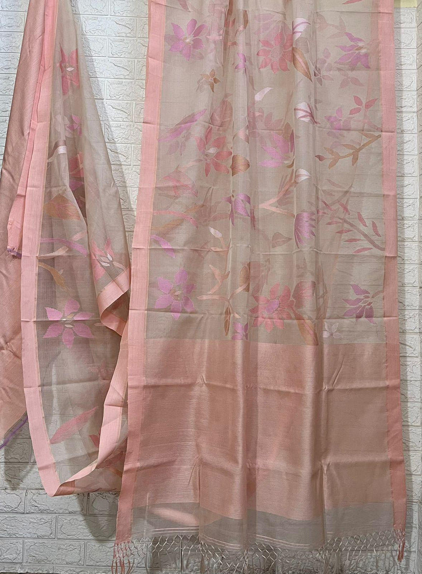 Peach self water lily with other floral allover muslin silk handwoven jamdani saree - Tamal Boutique