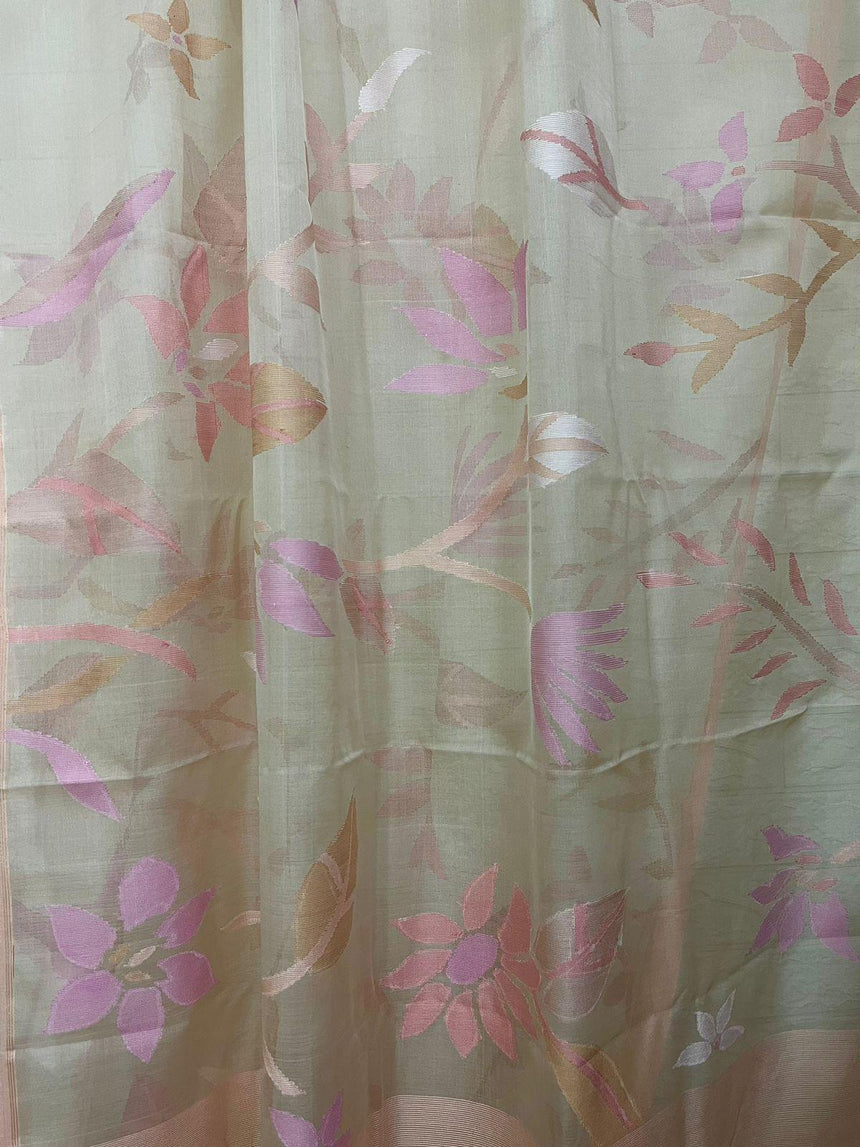 Peach self water lily with other floral allover muslin silk handwoven jamdani saree - Tamal Boutique