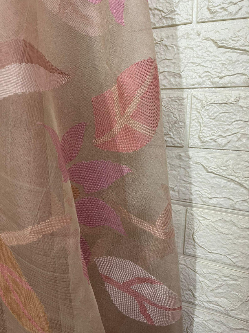 Peach self water lily with other floral allover muslin silk handwoven jamdani saree - Tamal Boutique