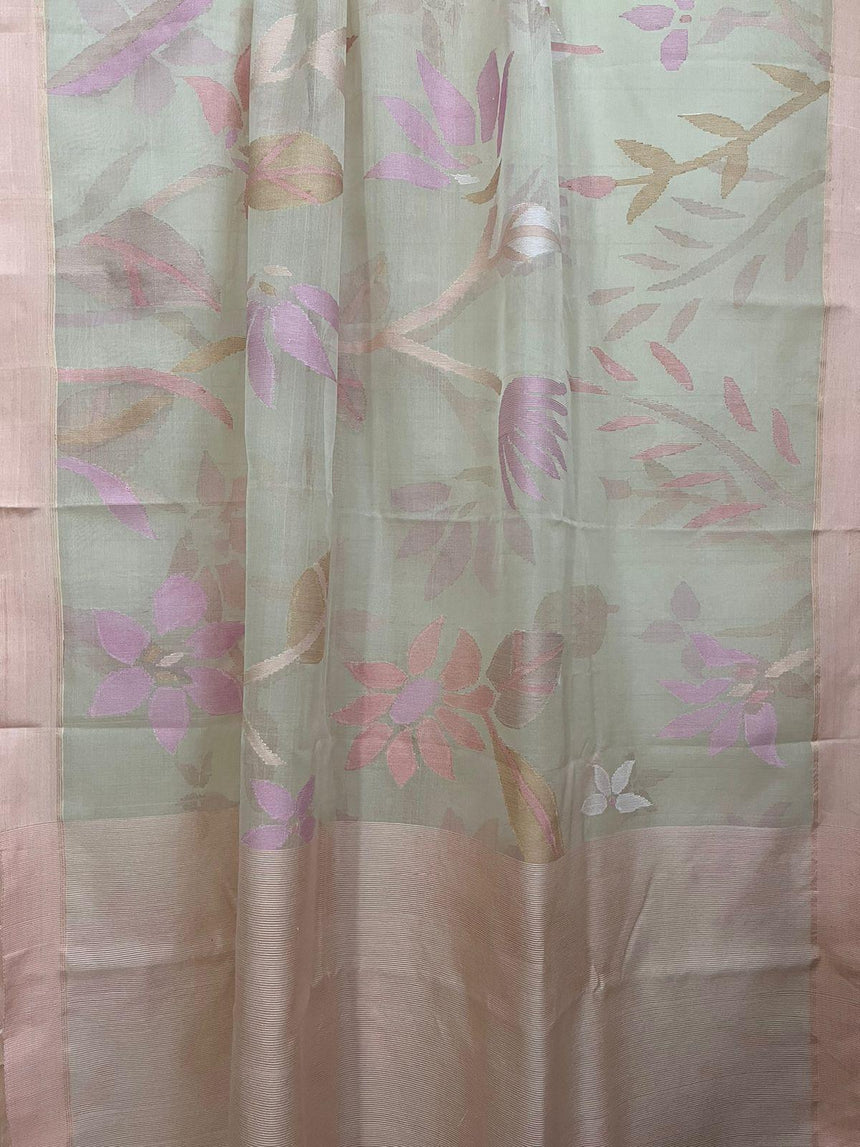 Peach self water lily with other floral allover muslin silk handwoven jamdani saree - Tamal Boutique