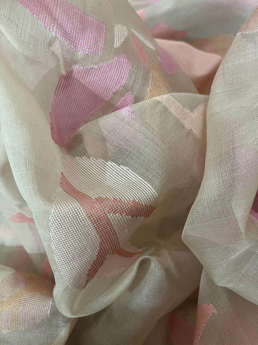 Peach self water lily with other floral allover muslin silk handwoven jamdani saree - Tamal Boutique