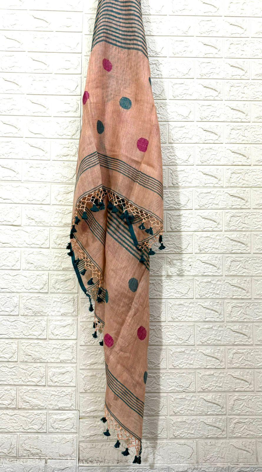 Peach to raja green linen kurti & dupatta handwoven jamdani set - Tamal Boutique