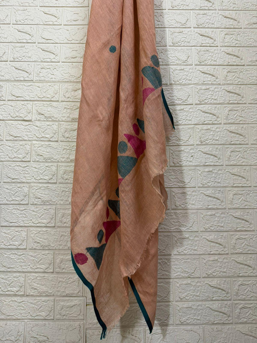 Peach to raja green linen kurti & dupatta handwoven jamdani set - Tamal Boutique