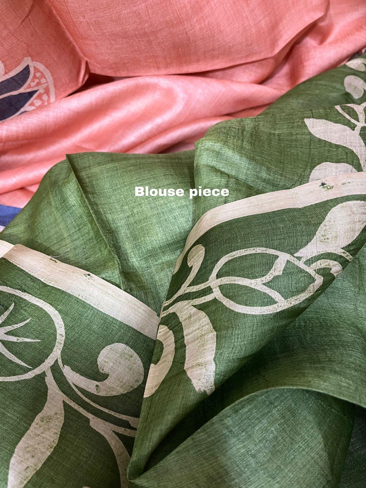 Peach with blue border lotus hand painted tussar silk saree - Tamal Boutique