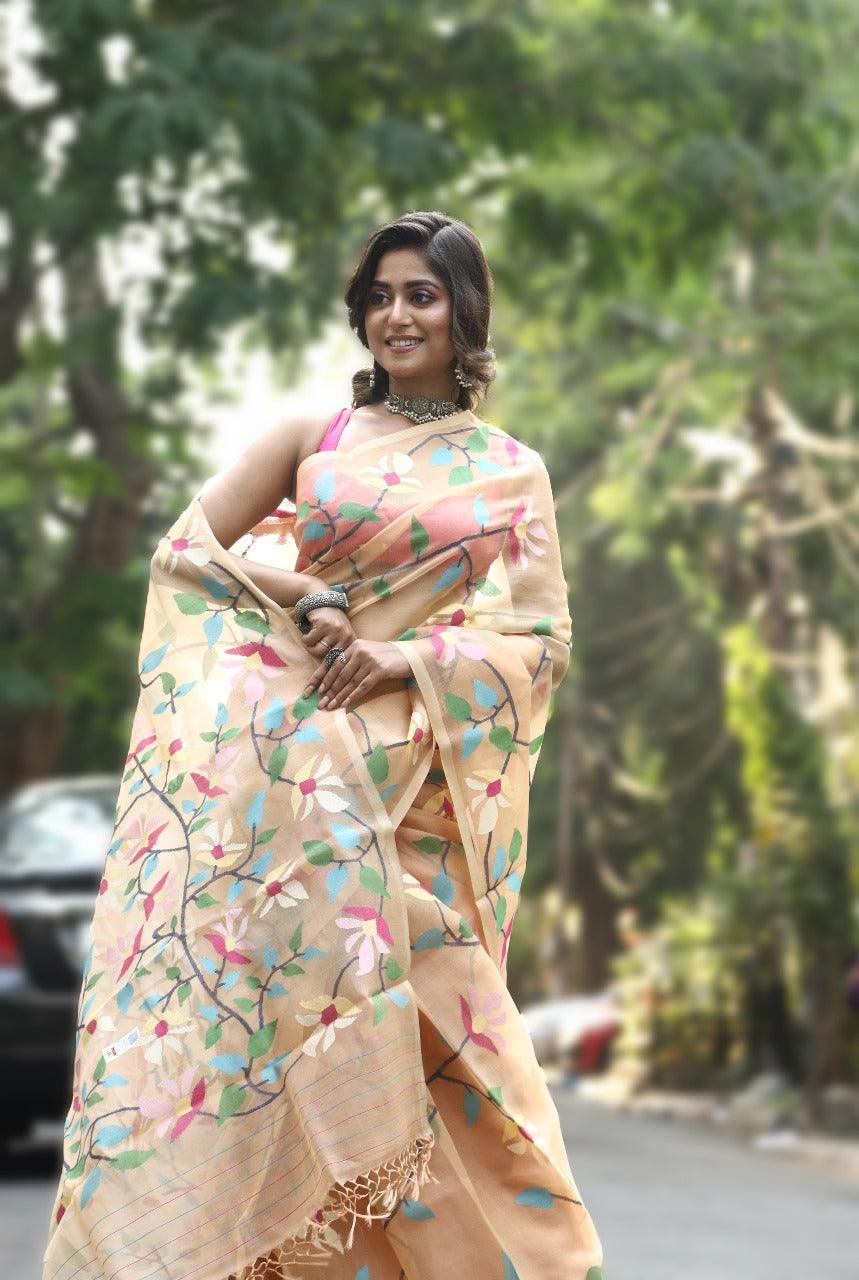 Peach with multi colour floral handwoven muslin silk jamdani saree - Tamal Boutique
