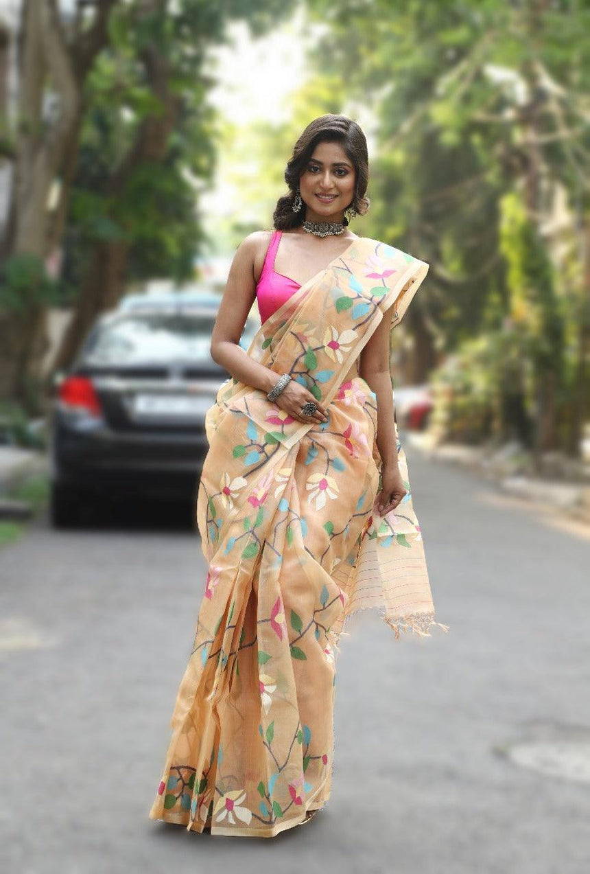 Peach with multi colour floral handwoven muslin silk jamdani saree - Tamal Boutique