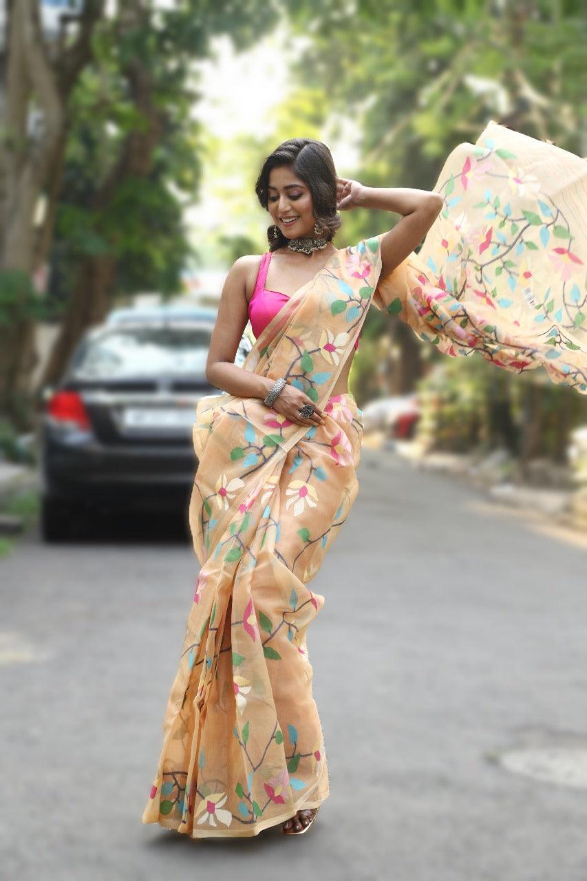 Peach with multi colour floral handwoven muslin silk jamdani saree - Tamal Boutique