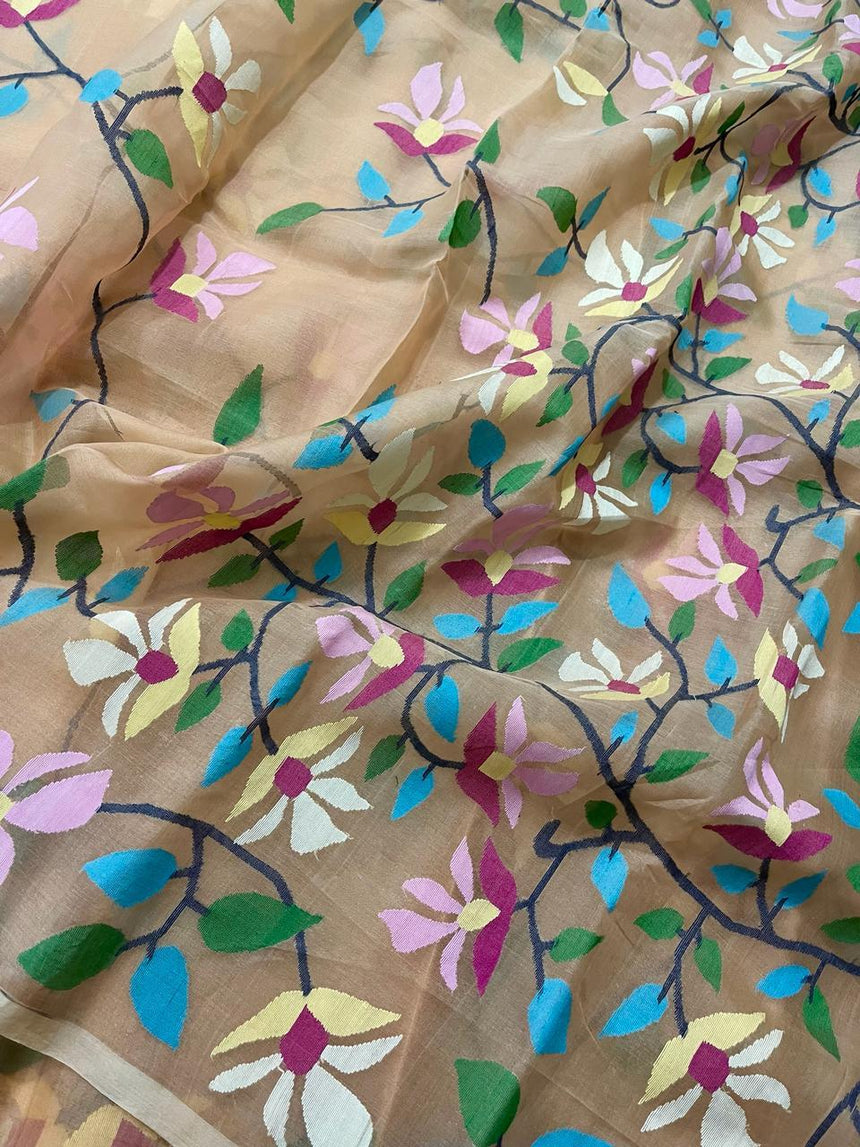 Peach with multi colour floral handwoven muslin silk jamdani saree - Tamal Boutique
