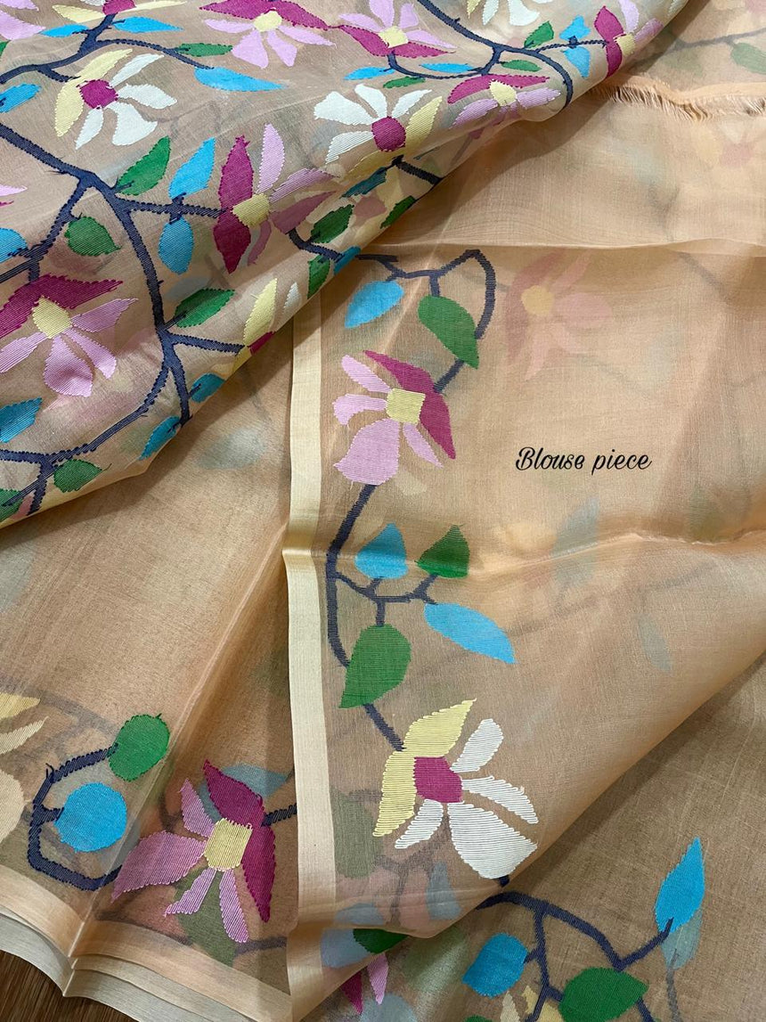 Peach with multi colour floral handwoven muslin silk jamdani saree - Tamal Boutique