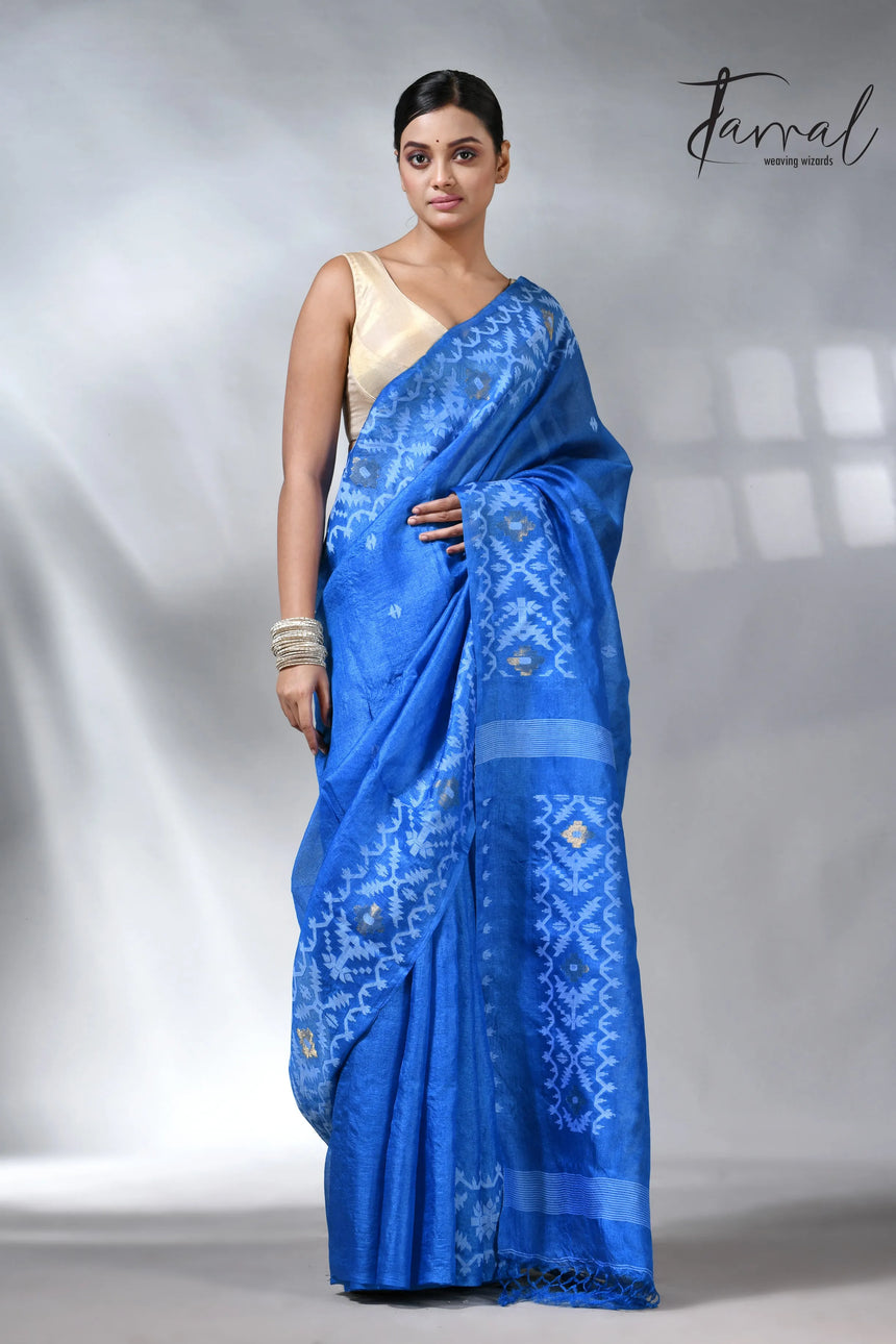 Peacock blue and white Dhakai tusser handwoven jamdani saree