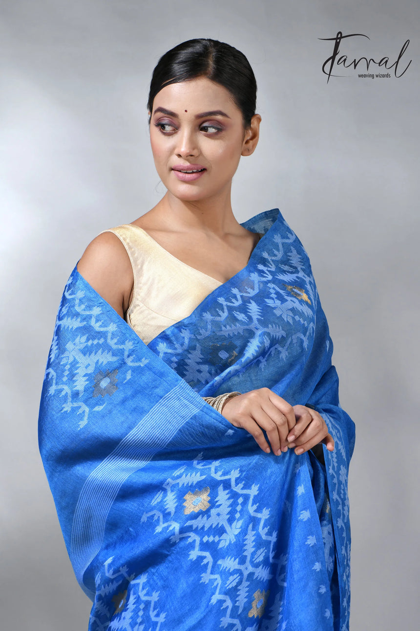 Peacock blue and white Dhakai tusser handwoven jamdani saree