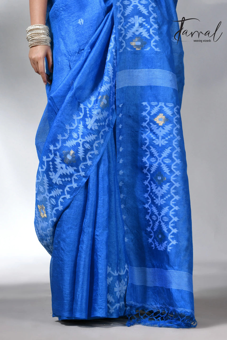 Peacock blue and white Dhakai tusser handwoven jamdani saree