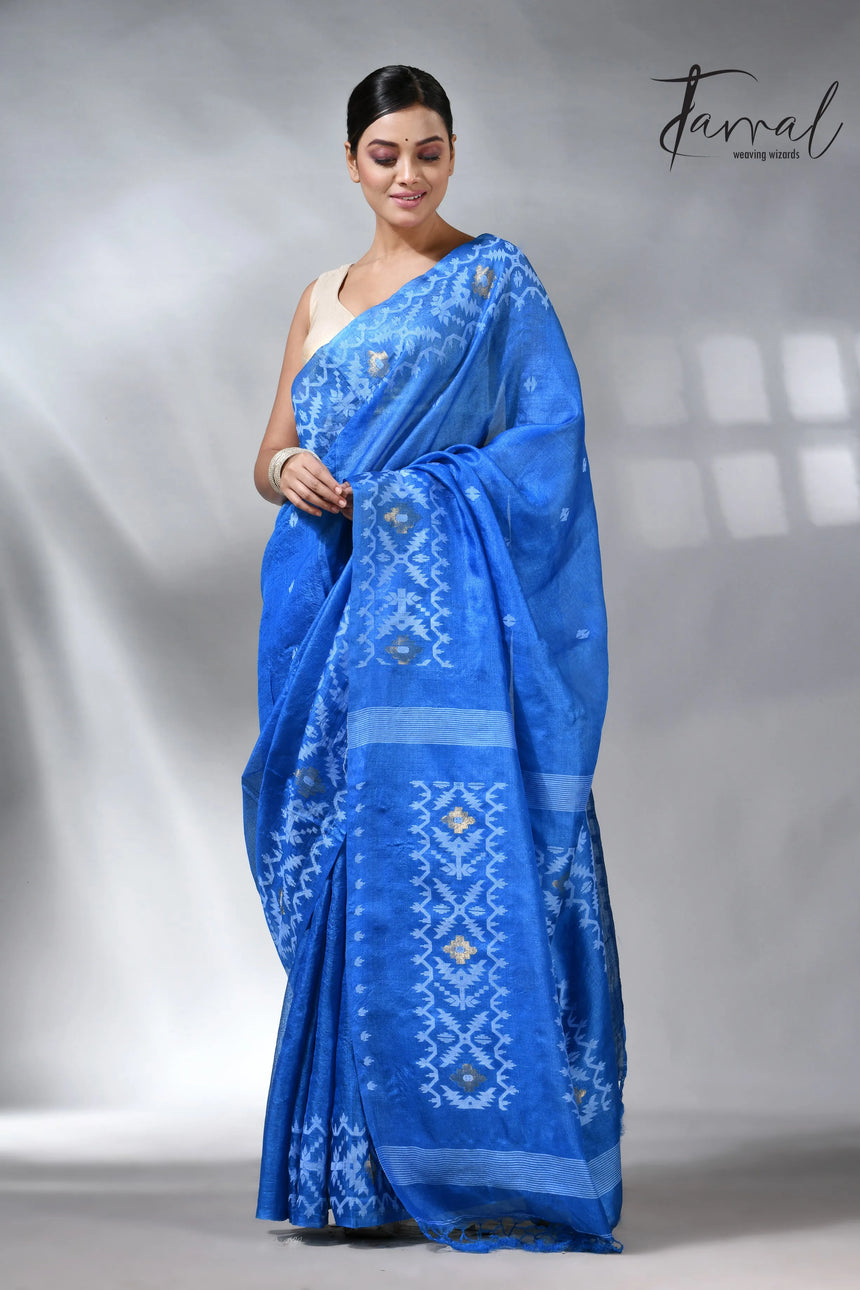 Peacock blue and white Dhakai tusser handwoven jamdani saree
