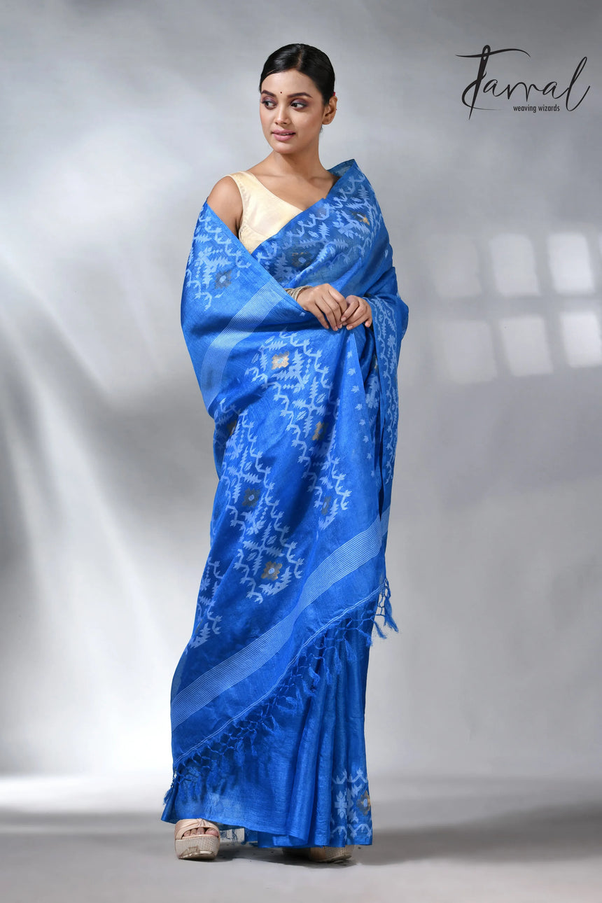 Peacock blue and white Dhakai tusser handwoven jamdani saree
