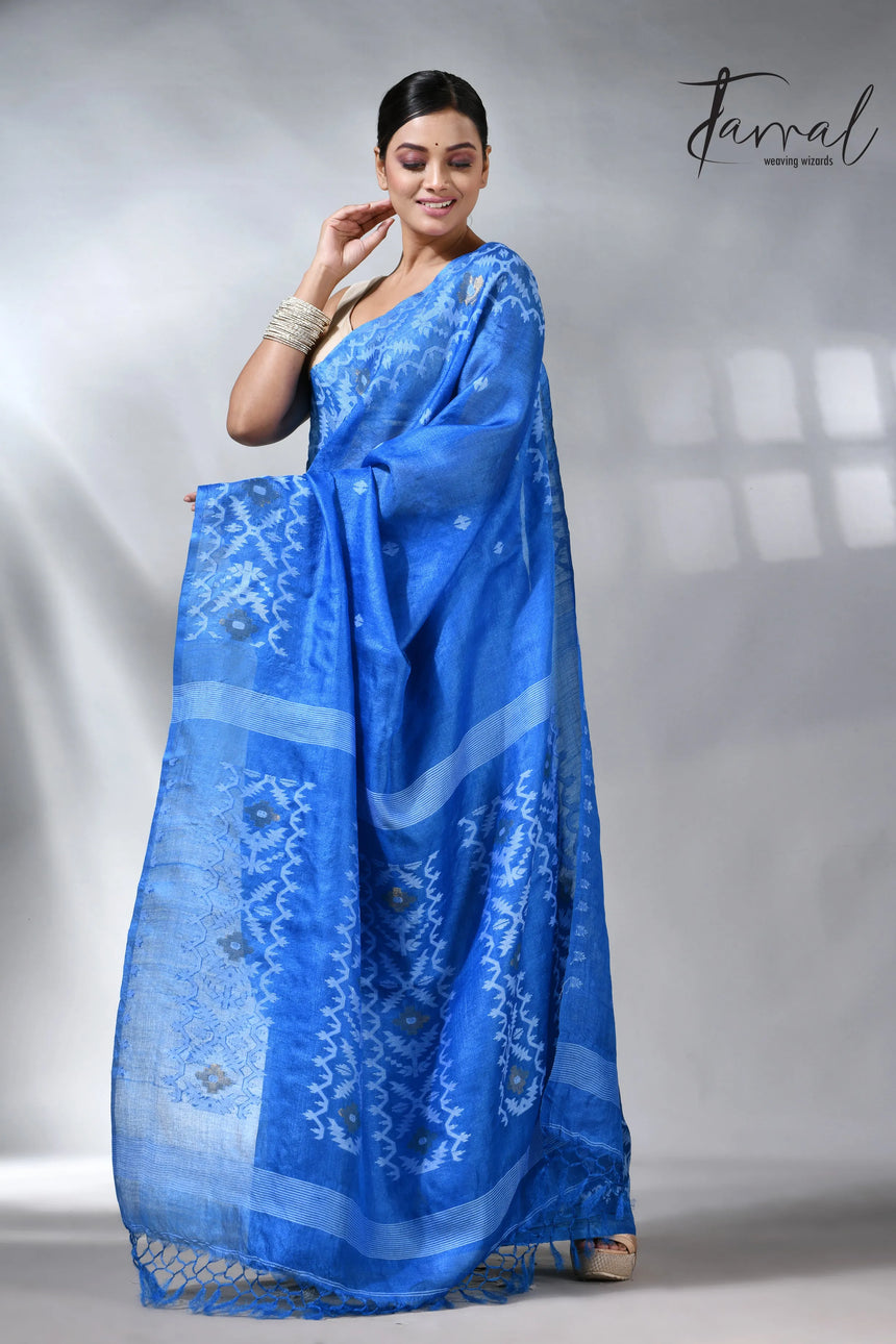 Peacock blue and white Dhakai tusser handwoven jamdani saree