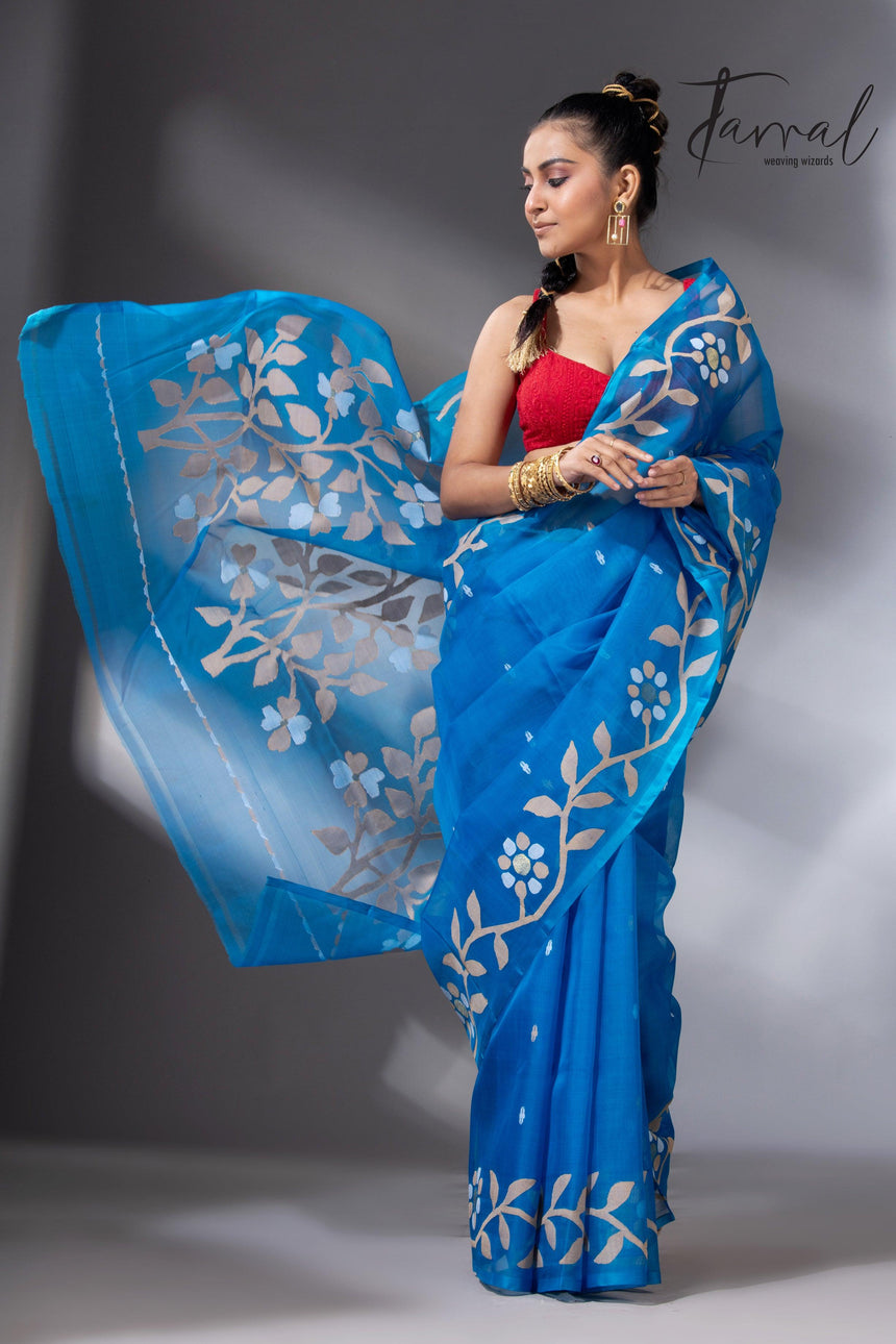 Peacock blue floral border muslin silk handwoven jamdani saree