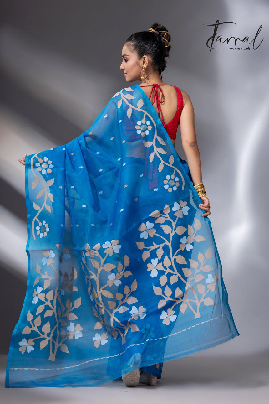 Peacock blue floral border muslin silk handwoven jamdani saree back