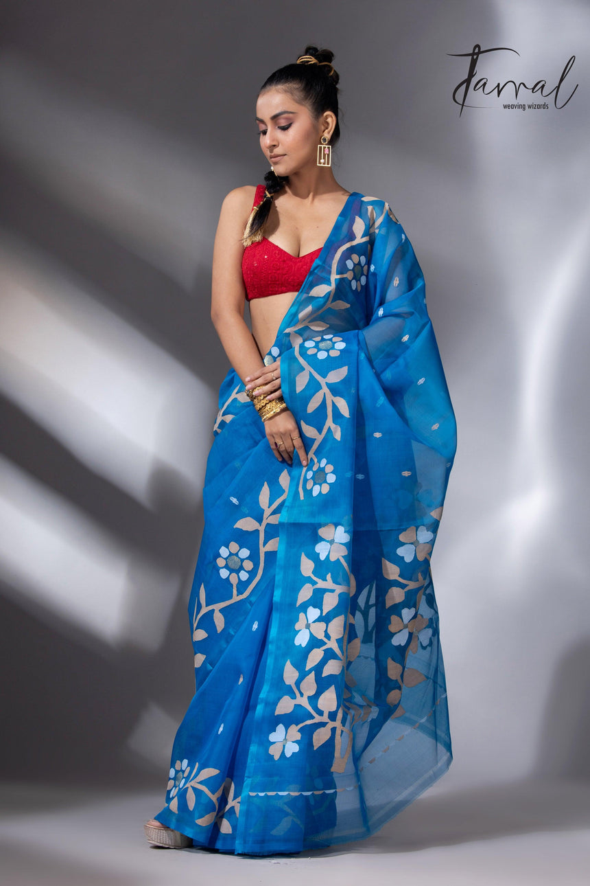 Peacock blue floral border muslin silk handwoven jamdani saree full4