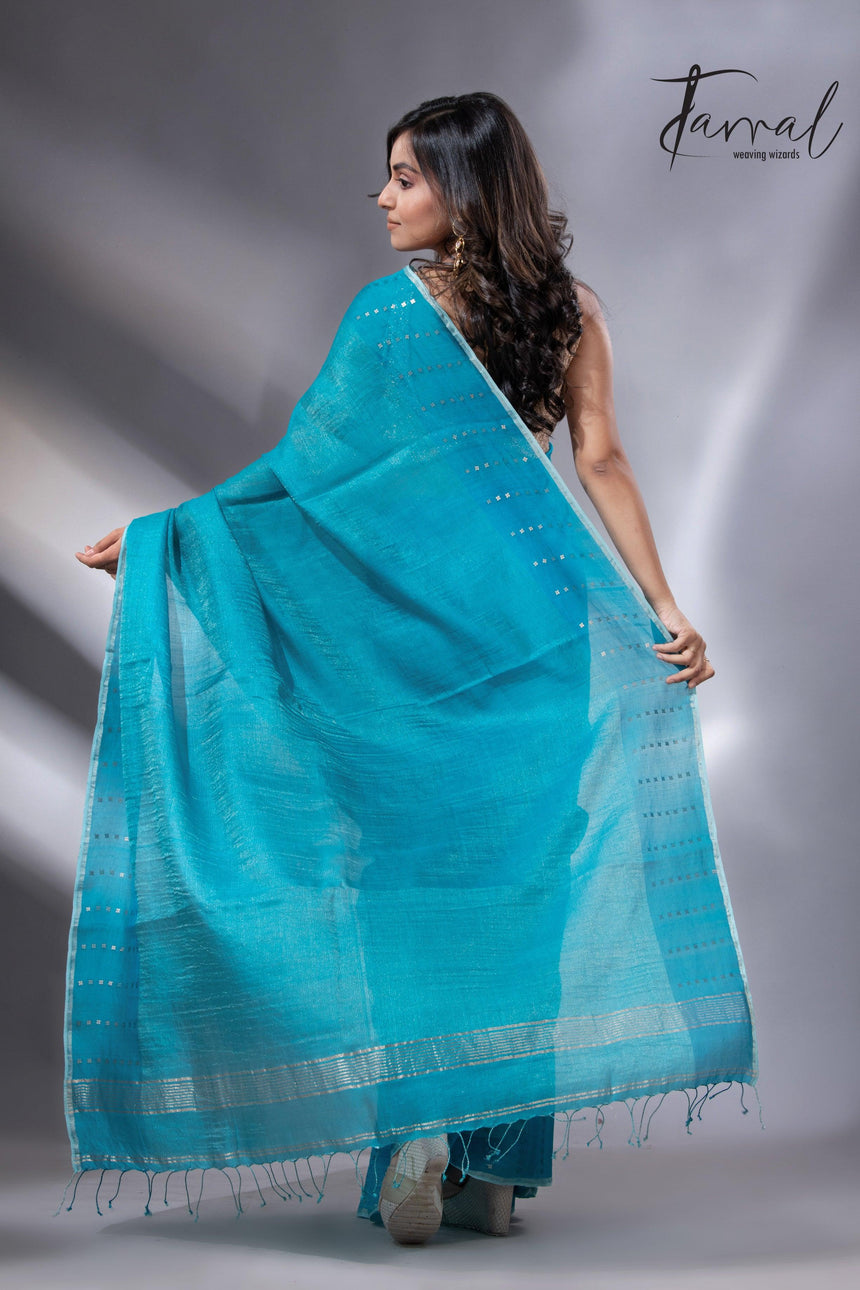 Peacock blue sequins border noil tusser zari silk handloom saree - Tamal Boutique