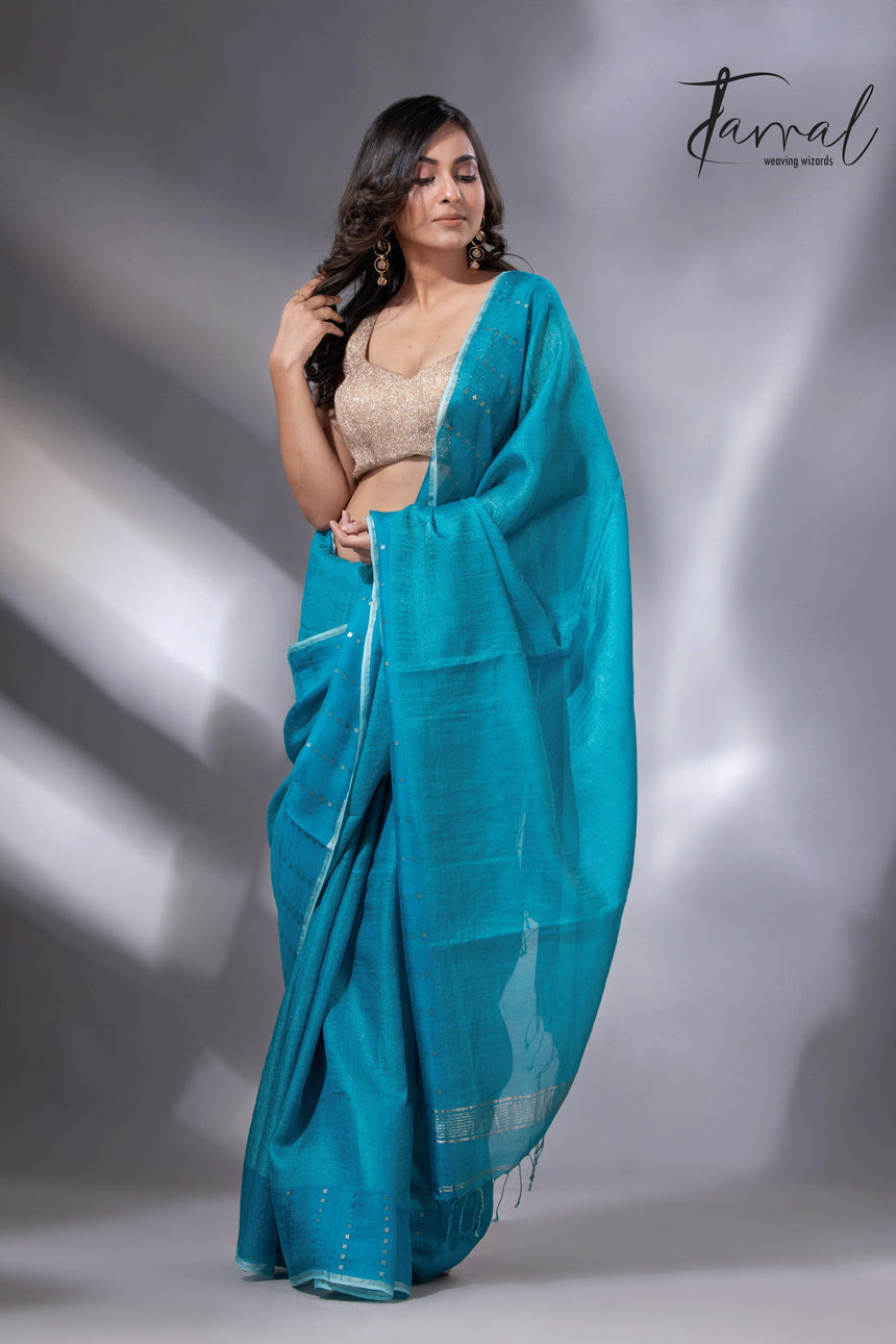 Peacock blue sequins border noil tusser zari silk handloom saree - Tamal Boutique