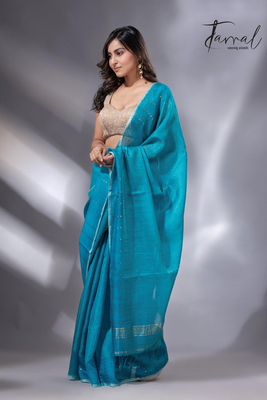 Peacock blue sequins border noil tusser zari silk handloom saree - Tamal Boutique