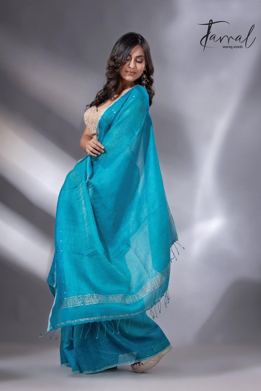 Peacock blue sequins border noil tusser zari silk handloom saree - Tamal Boutique