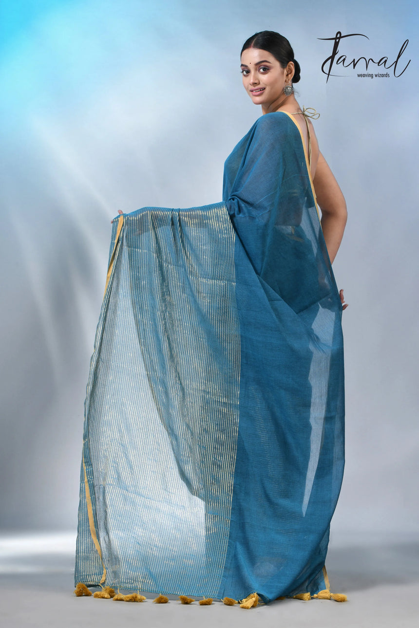Peacock blue with yellow border in mul cotton handloom saree