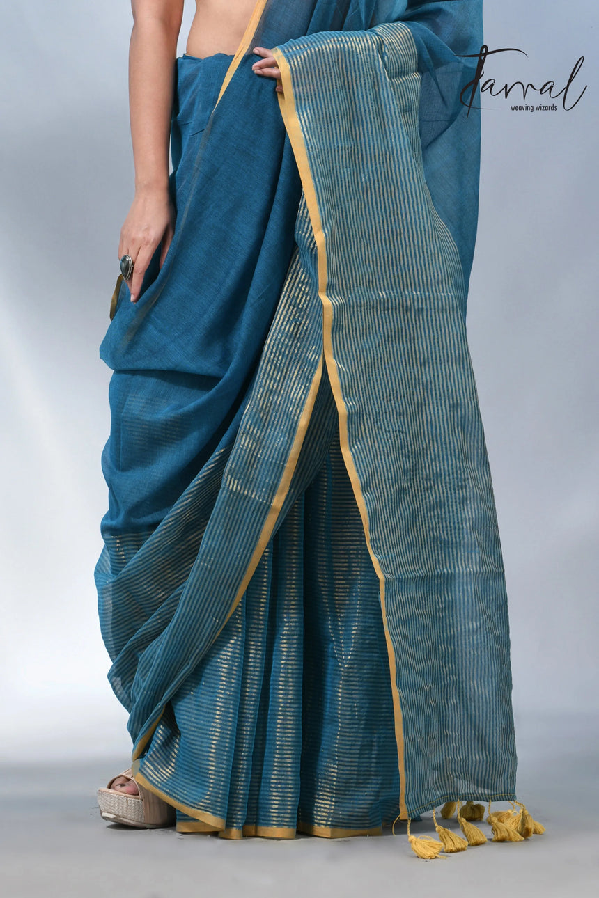 Peacock blue with yellow border in mul cotton handloom saree