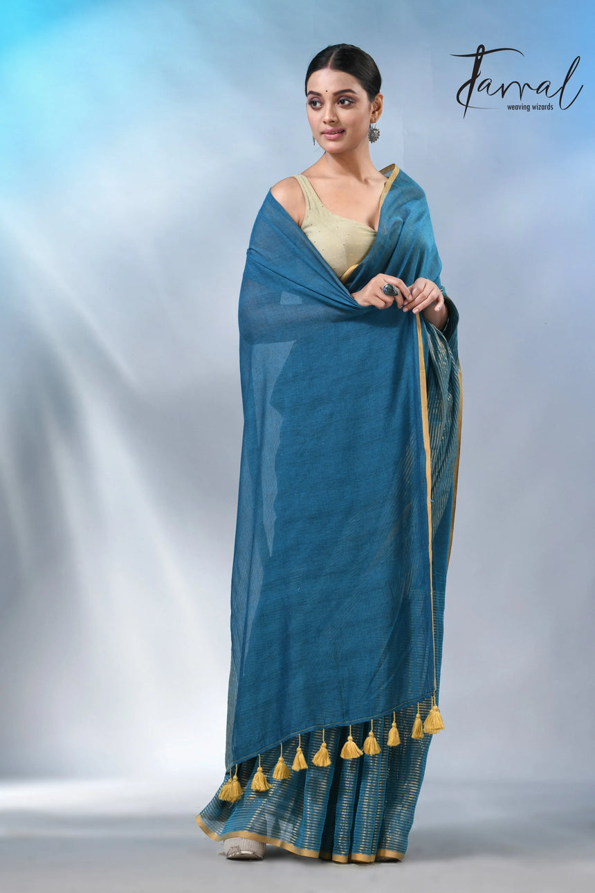 Peacock blue with yellow border in mul cotton handloom saree