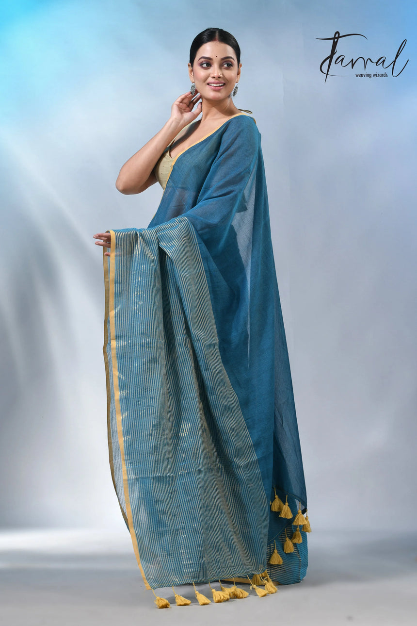 Peacock blue with yellow border in mul cotton handloom saree