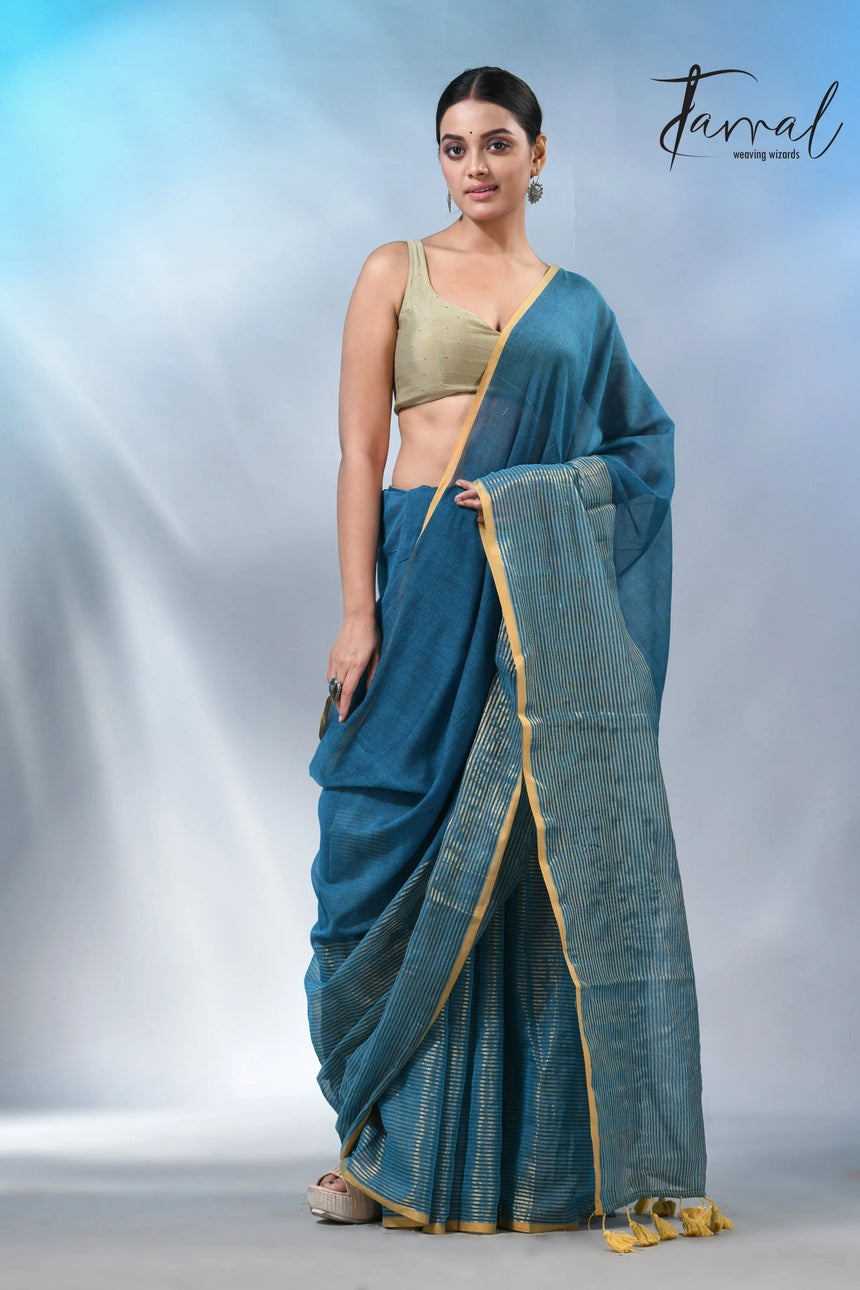Peacock blue with yellow border pure mul cotton handloom saree