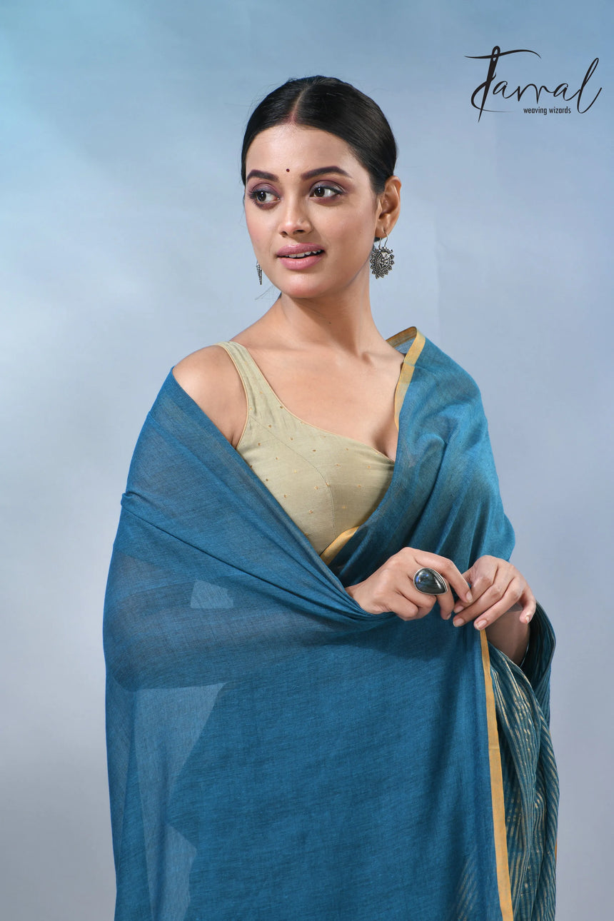 Peacock blue with yellow border pure mul cotton handloom saree