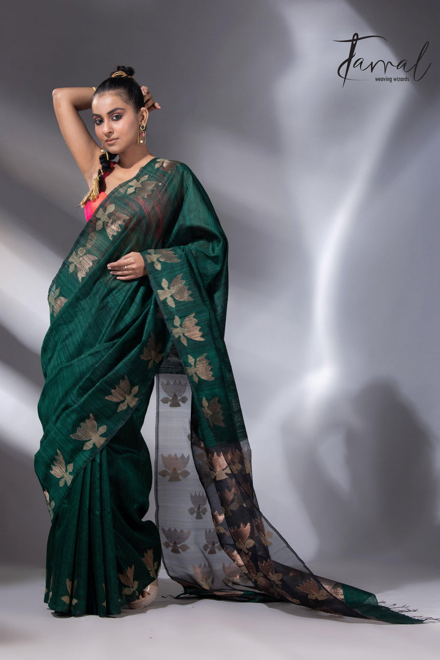 Peacock green with gold lotus handwoven matka silk jamdani saree - Tamal Boutique