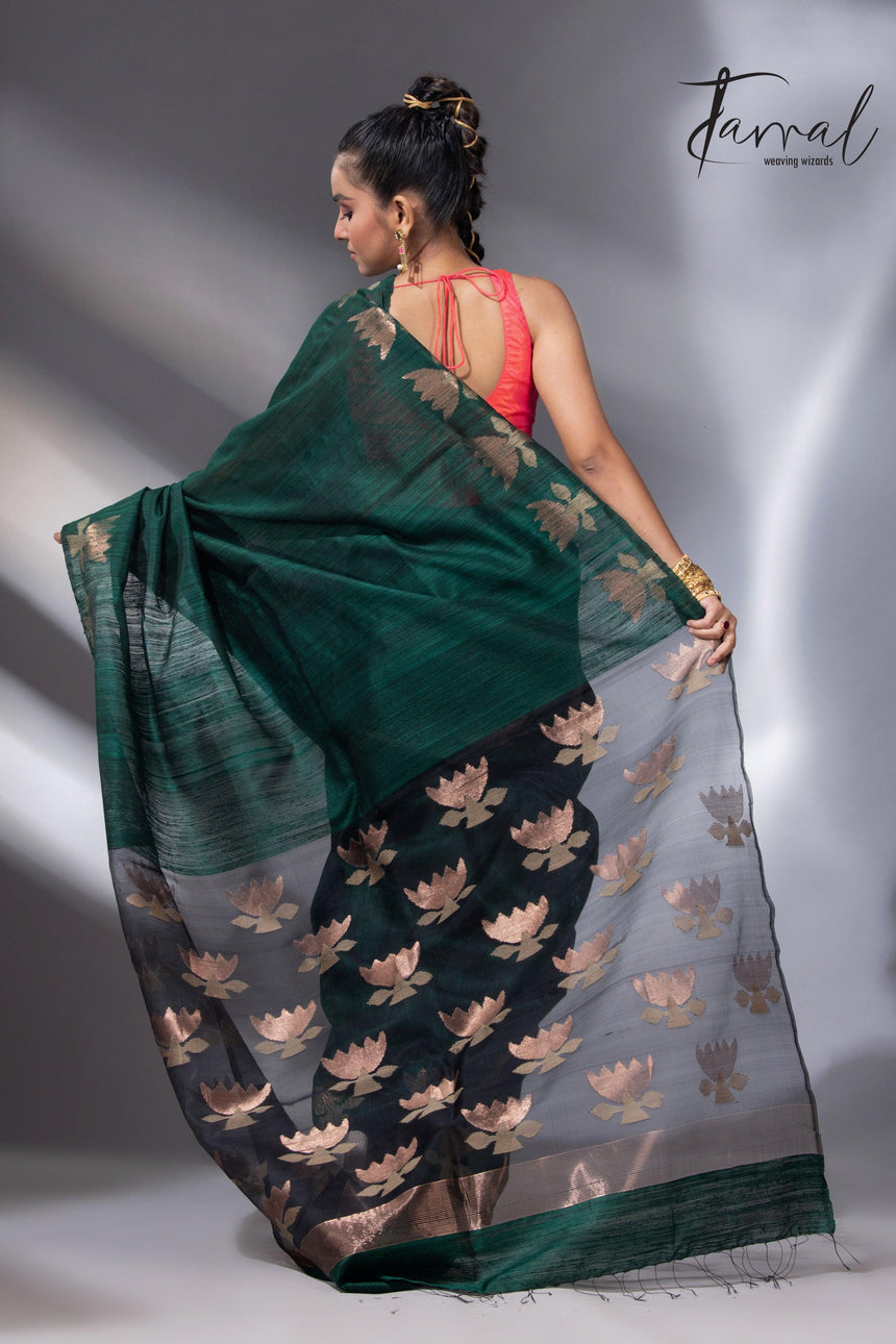 Peacock green with gold lotus handwoven matka silk jamdani saree - Tamal Boutique