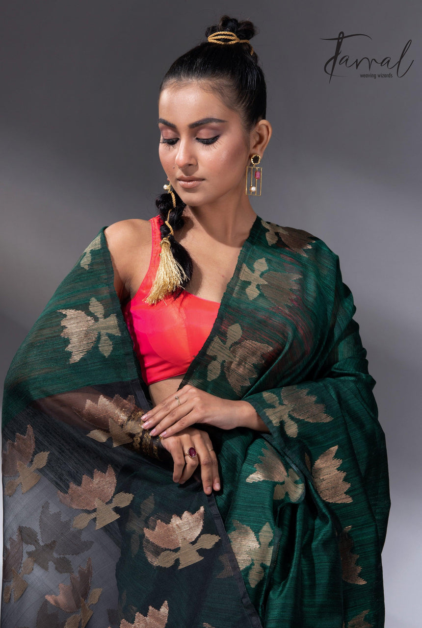 Peacock green with gold lotus handwoven matka silk jamdani saree - Tamal Boutique