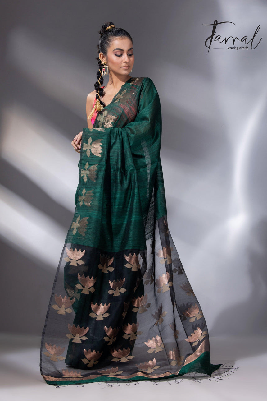 Peacock green with gold lotus handwoven matka silk jamdani saree - Tamal Boutique