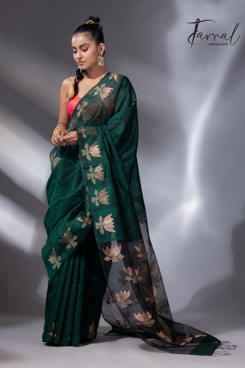 Peacock green with gold lotus handwoven matka silk jamdani saree - Tamal Boutique