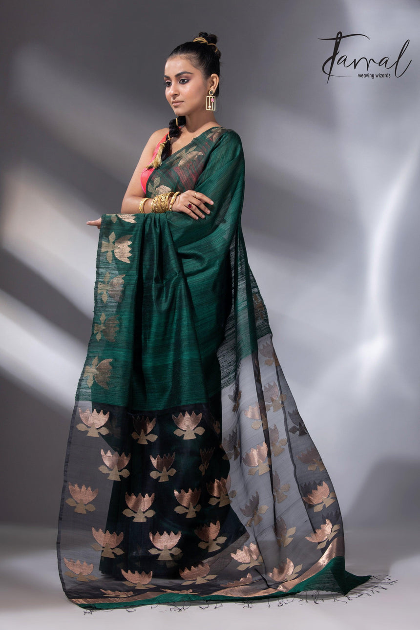 Peacock green with gold lotus handwoven matka silk jamdani saree - Tamal Boutique