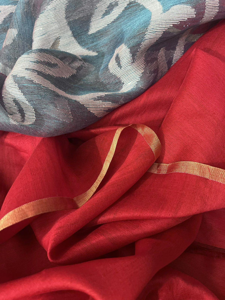 Peacock blue with red pallu border floral handwoven jamdani saree - Tamal Boutique